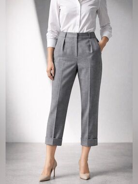 Lanvin Gray Cropped Trousers 38 High-Waist Pleated Cuffed Wool Blend Pants